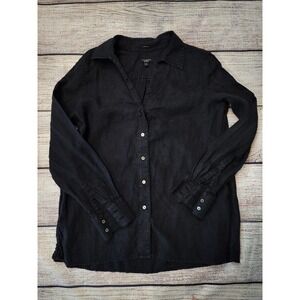 Talbots Button Down Shirt Womens 12 Black Pure Irish Linen Long Sleeve Classic